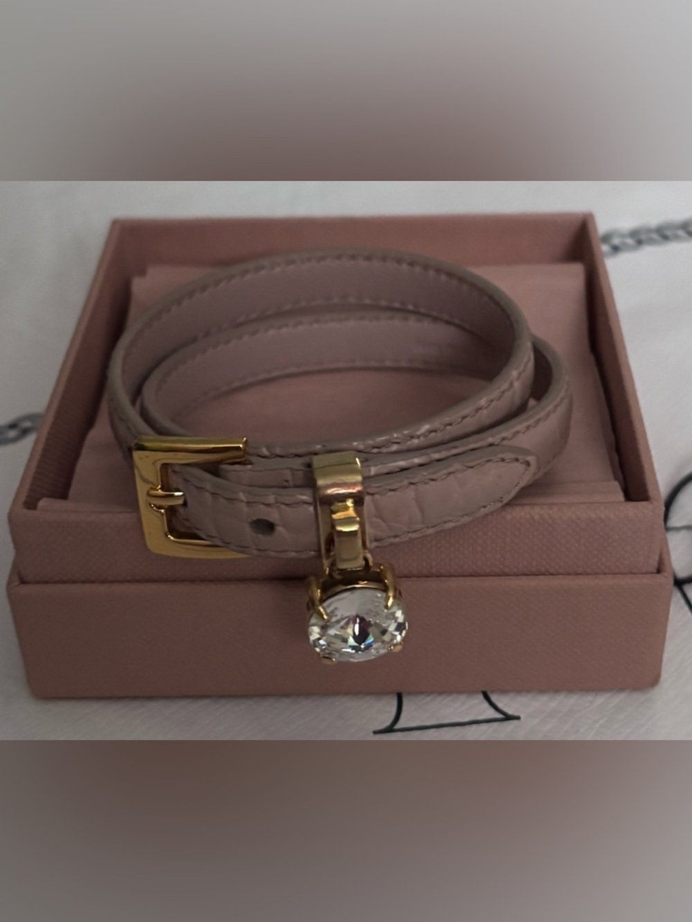 Miu Miu Madras-Crystal Leather Wrap Pink Bracelet with Box and papers